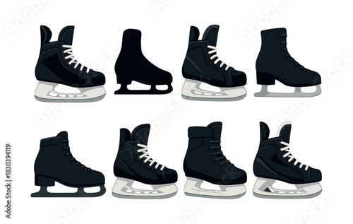 Ice skates collection, boots, blades, flat vector illustration