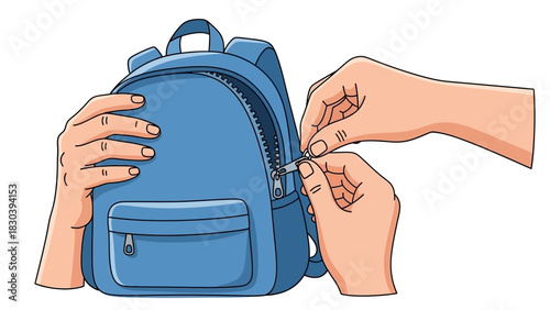 Vector illustration of hands carefully zipping or unzipping a blue backpack, isolated on a white background for school or travel concepts