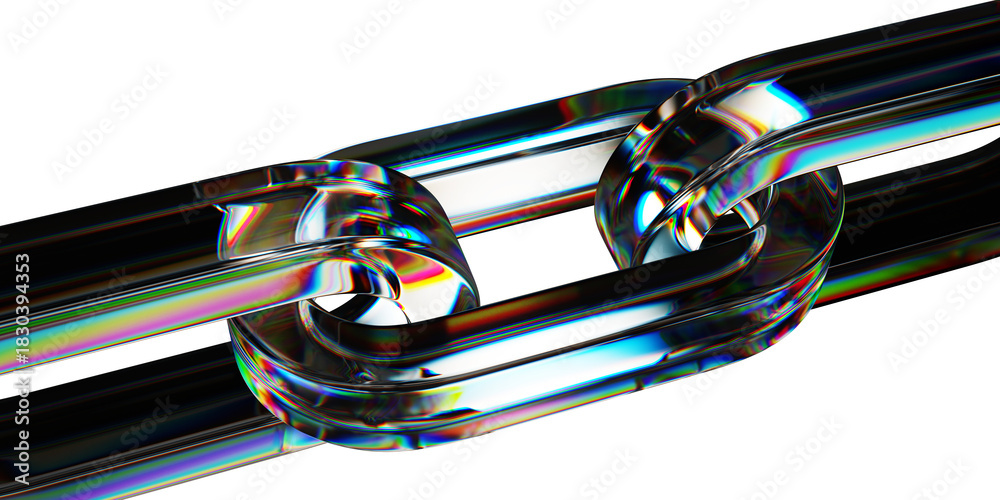Fototapeta premium 3d iridescent glass spectrum chain with crystal links on abstract black background. Connected rings with bright neon gradient texture, light dispersion. Futuristic digital tech bg