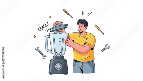 Man repairing a broken blender, using tools to fix kitchen appliance. Appliance repair concept