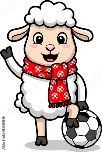 Cute cartoon sheep character wearing a red and white soccer-themed scarf and holding a soccer ball