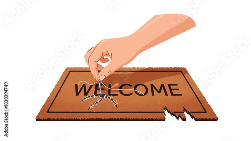Hand placing a spider on a welcome mat Conceptual illustration of risk or unwelcome