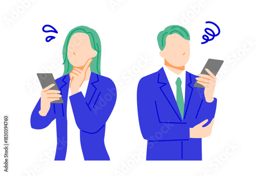 困っている表情のスマホを持ったビジネスパーソンの男女のイラスト。フラットデザイン。