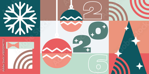 Festive Christmas Wallpaper, 2026, Simple Christmas Background, Geometrical Elements, Retro, Flat Illustration, New Year, Minimal, Concept