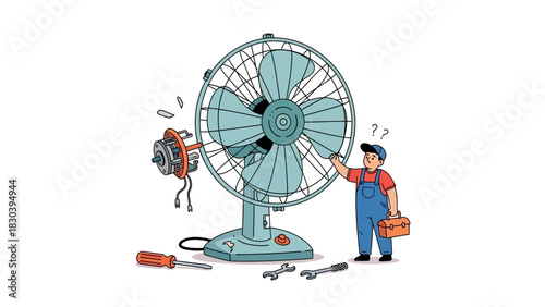 Cartoon illustration of a confused repairman working on a broken electric fan with tools and parts