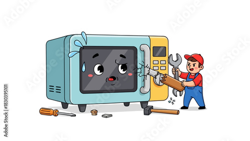 Funny cartoon illustration of a tiny repairman trying to fix a broken and sweating microwave oven character with tools