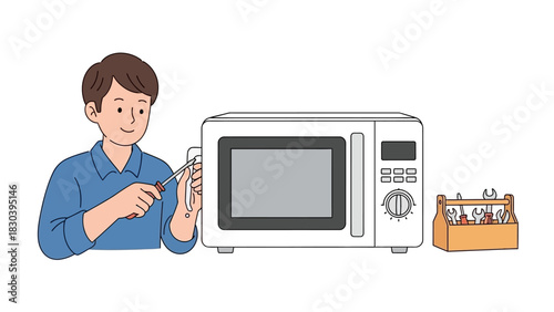 Man repairing a white microwave oven with tools, close-up illustration