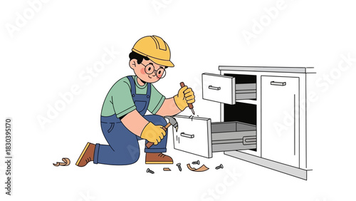 Repairman fixing a broken cabinet drawer with tools and safety helmet