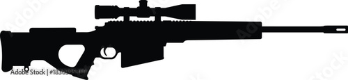 Sniper rifle silhouette, precision firearm outline, tactical weapon design, scoped rifle illustration, long barrel gun, military equipment graphic, black firearm artwork