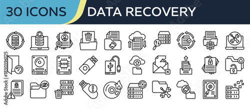Collection of Data Recovery icons, related to Data Recovery, Folder Restore, Backup File, Hard Drive, Cloud Backup and more. Outline icons vector illustation.