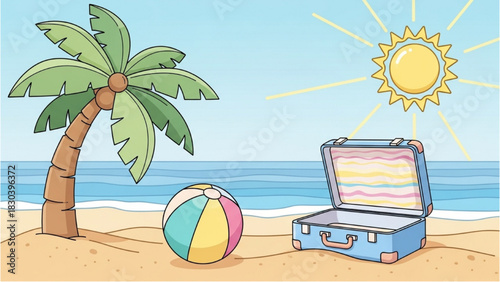 Beach Vacation Scene with Suitcase, Palm Tree, and Beach Ball