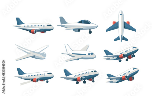 Airplane designs, flat vector illustration with jets, aviation icons