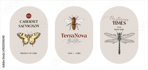 Set of wine labels with insect illustrations