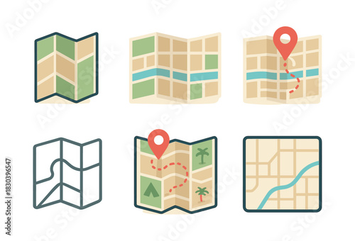 Map and navigation symbols, flat vector illustration with map markers and routes