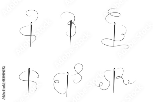 Elegant needle with thread. Needle symbol and curved thread, tailor and shoemaker needlework tool, sewing element. Small tattoo, print for clothes