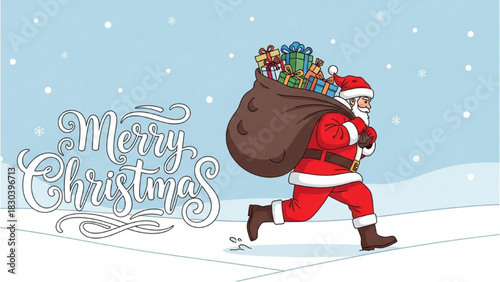 Festive illustration of Santa Claus hurrying to deliver presents on a snowy Christmas Eve