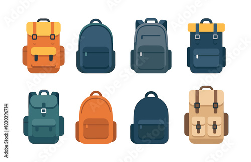 Backpack collection, rucksacks and bags, flat vector illustration