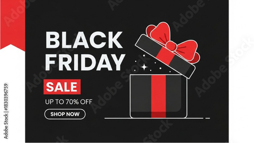 Seasonal shopping promotion concept with a festive open gift box and red bow on a dark background