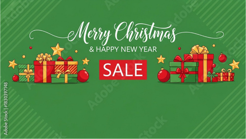 Festive Christmas and New Year holiday sale banner with gift boxes and decorations