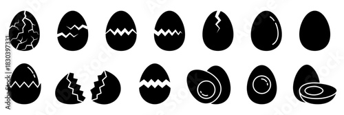 Egg icon set. Broken eggs icons. Cracked eggshell symbols isolated on white background. Happy Easter Day. Fried or boiled half and slices chicken eggs. Allergen free icon label. Vector Illustration.