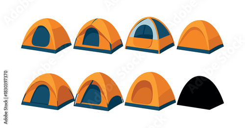 Camping tent designs, flat vector illustration, outdoor shelter icons