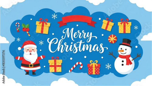 Festive Christmas Scene with Santa, Snowman, and Gift Boxes for Holiday Cheer
