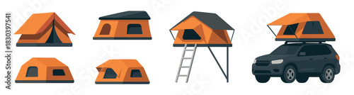 Camping tents and rooftop shelters, flat vector illustration, wilderness adventure