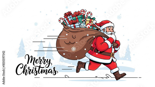 Jolly Santa Claus running speedily with a big sack full of presents, bringing festive cheer and gifts for Christmas celebration