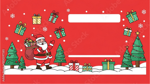 Festive Christmas holiday background with Santa Claus carrying a sack of gifts in a snowy winter scene