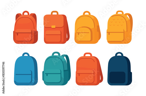 Backpack collection, flat vector illustration of rucksack, satchel, schoolbag designs