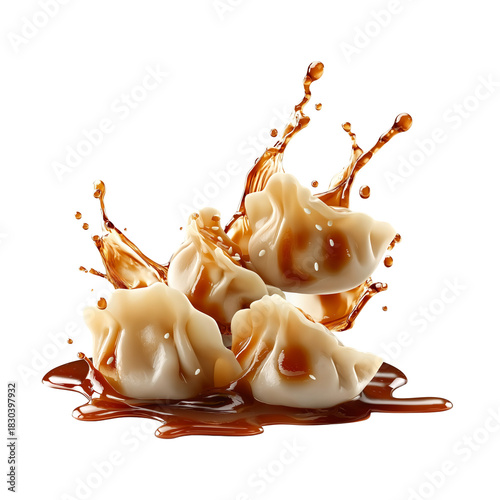 Dumplings with Soy Sauce Splash isolated on a transparent background