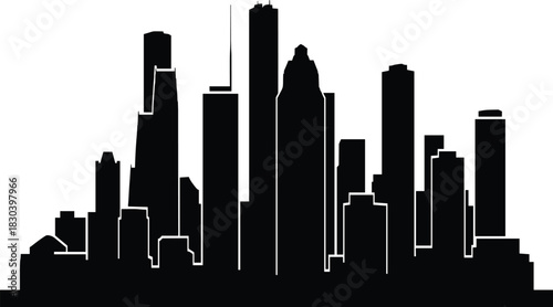 Black city skyline silhouette, minimalist urban design, modern skyscrapers, white background, stylized architecture, dense cityscape, metropolitan skyline art, vector illustration