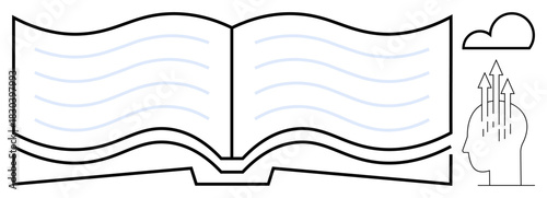 Knowledge growth concept. Open book education paired with a cloud and head graphic intellectual expansion. Knowledge sharing for learning, teaching, creativity, development, and innovation