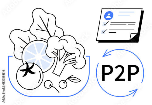 Mixed vegetables and fruit in bowl, checklist for tasks and P2P process arrows. Ideal for health, food, sustainability, collaboration, peer-to-peer, task management quality assurance. Simple flat