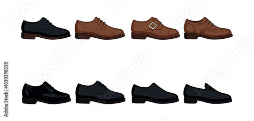 Men's dress shoes collection, formal and leather, flat vector illustration