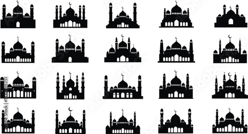 Mosque silhouette icons collection islamic architecture isolated on transparent background