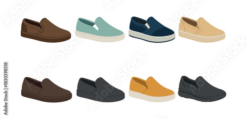 Casual slip-on shoes, loafers, sneakers, flat vector illustration, colorful design