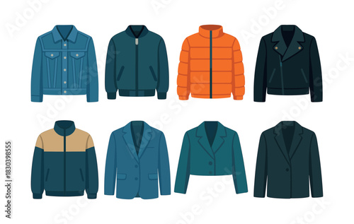 Men's jackets collection, flat vector illustration, coat, parka, outerwear styles