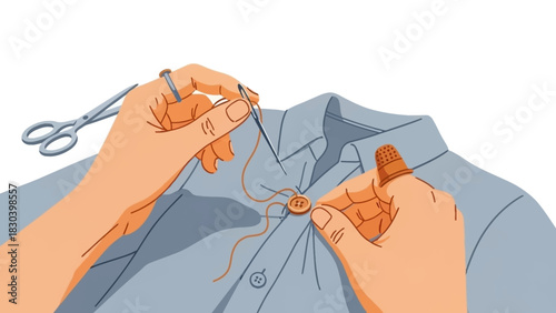 Close-up shot of someone sewing a button onto a blue shirt with thread and a needle, held by hands using a thimble
