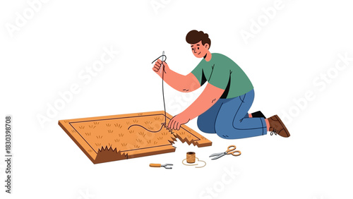 A person is sewing a large rectangular object with thread and needle, illustrating a crafting or DIY process