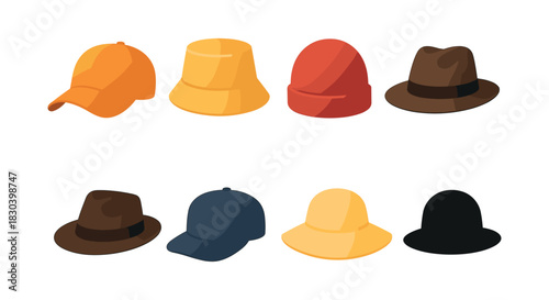 Hat fashion collection, caps, fedoras, bucket hats, flat vector illustration