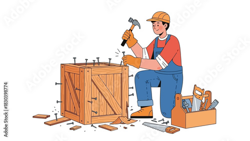 Skilled craftsman in workwear diligently assembling a large wooden crate, hammering nails in a concept of manual labor and creation
