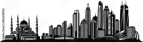 Cityscape silhouette with mosque isolated on transparent background