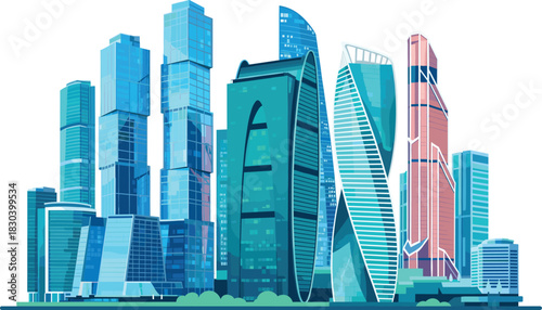 Modern cityscape illustration, futuristic skyline, teal blue pink buildings, twisted skyscrapers, urban design, stylized architecture, high-rise towers, vibrant metropolis art
