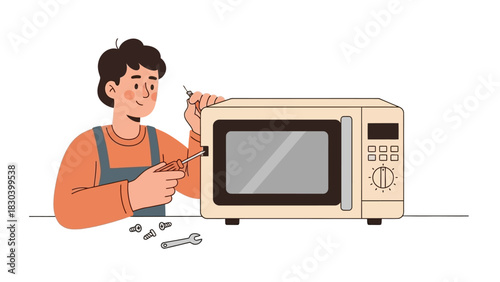 Microwave Repair Man Fixing a Kitchen Appliance with Screwdriver