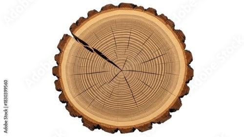 A detailed cross-section of a tree trunk with visible rings on a white background