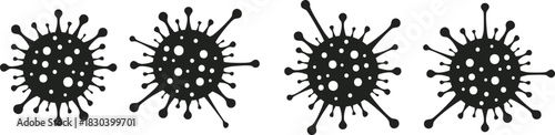 Stylized virus icons create a bold graphic symbol set for digital designs. These abstract microbe shapes work well for infographics and illustrations. Ideal for posters, warnings, and educational 