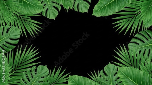 Tropical leaves forming a circular frame around a black background