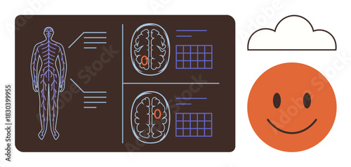 Human anatomy diagram with labeled brain scans, smiling face, and cloud outline. Ideal for health, neuroscience, emotions, connectivity, medical analysis education and wellness. Simple flat