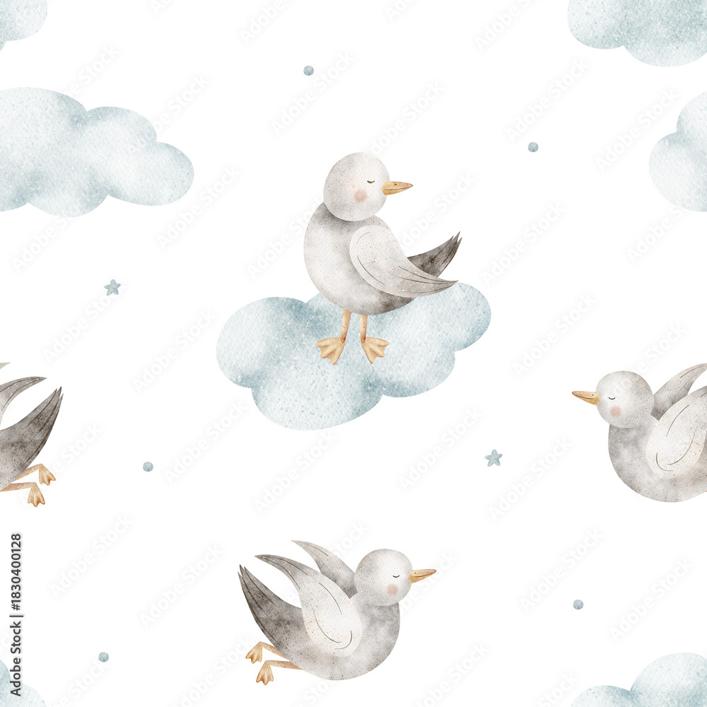 Fototapeta premium Pattern seagulls flying in clouds. Watercolor illustrations birds, doves, seabirds hand-drawn in nautical children's style. Isolated background for fabric design clothing textiles wallpaper postcards
